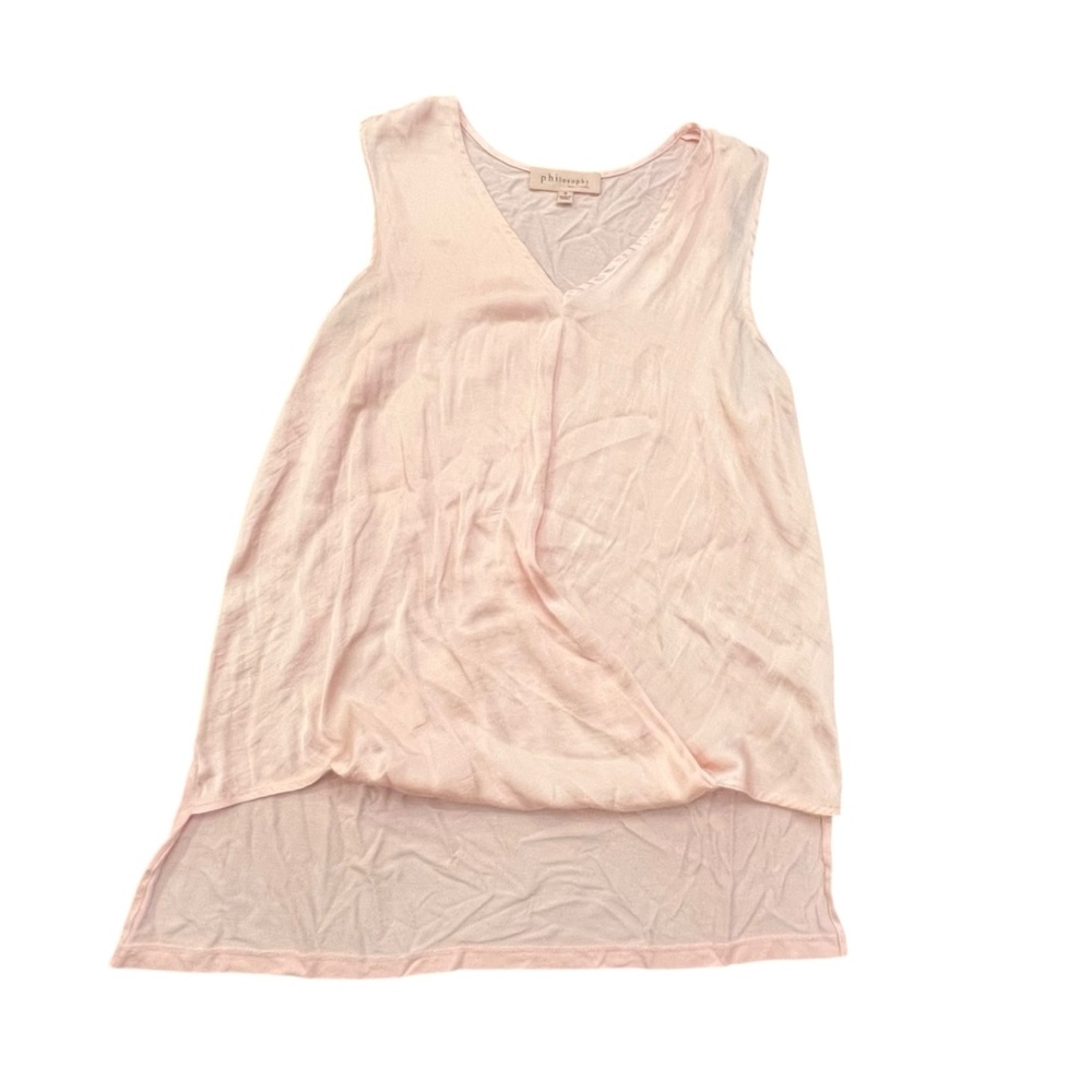 Philosophy Pale Pink Sleeveless Blouse Top Hi Low Small V-neck Gathered Front